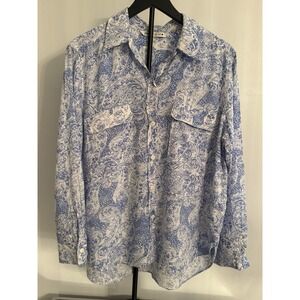 ZARA Womens XL Blue White Paisley Super Soft Button Front Shirt Boho Coastal